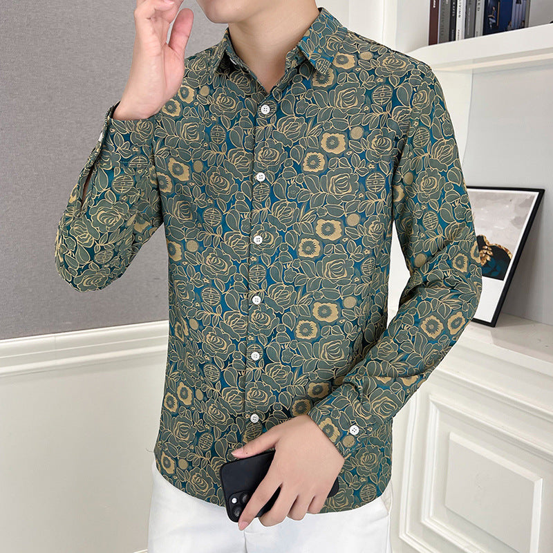 Men's Casual Printed Stretch Long Sleeve Shirt