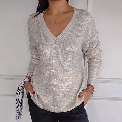 ✨New Arrival✨Women's Casual V-Neck Metallic Sheen Knit Sweater