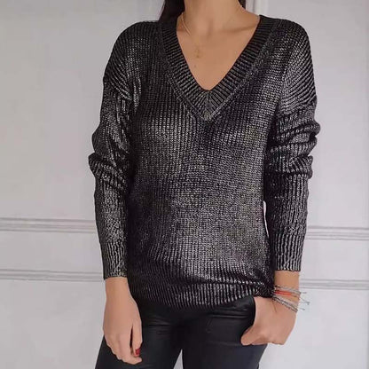 ✨New Arrival✨Women's Casual V-Neck Metallic Sheen Knit Sweater