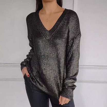 ✨New Arrival✨Women's Casual V-Neck Metallic Sheen Knit Sweater