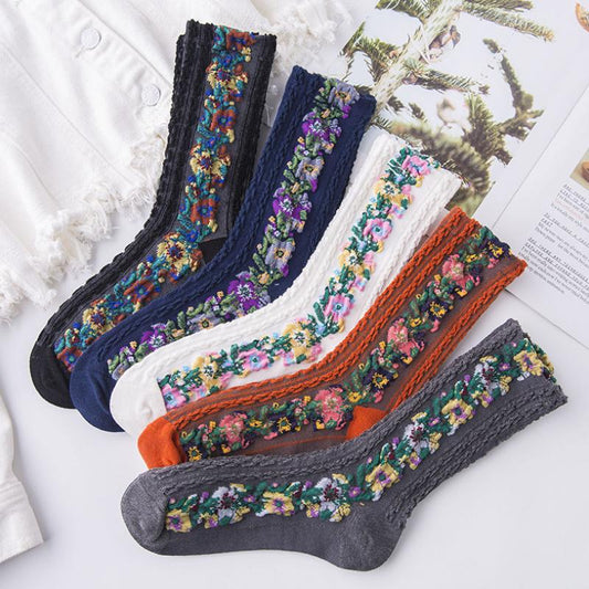 🎅Xmas Hot Sales Vintage Embroidered Floral Socks(5 pairs)