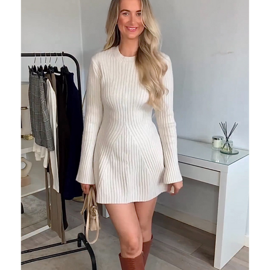 🔥Solid Color Round Neck Knit Long Sleeve Mini Dress👗