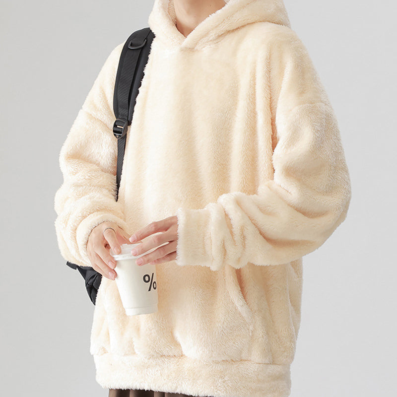 Men's Solid Color Thickened Loose Fuzzy Hooded Sweatshirt