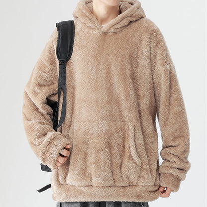 Men's Solid Color Thickened Loose Fuzzy Hooded Sweatshirt