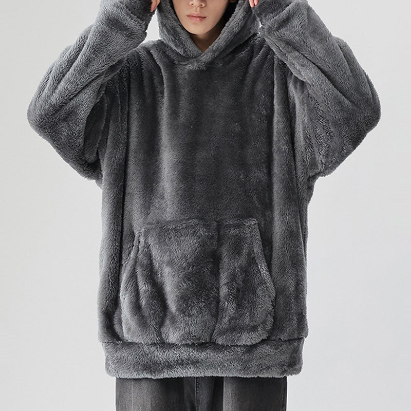 Men's Solid Color Thickened Loose Fuzzy Hooded Sweatshirt