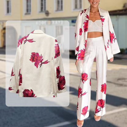 Women's Floral Print Long Sleeve Lapel Blazer & Pants Set