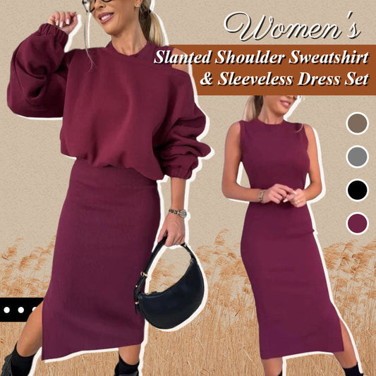 👗Women's Slanted Shoulder Sweatshirt & Sleeveless Dress Set