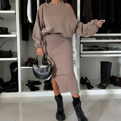 👗Women's Slanted Shoulder Sweatshirt & Sleeveless Dress Set