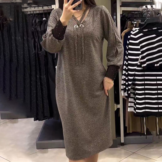 🔥Women's V-Neck Long Sleeve Drawstring Dress