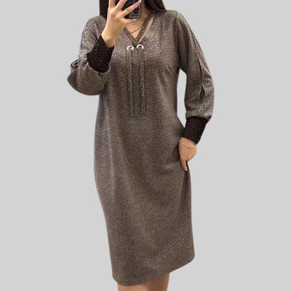 🔥Women's V-Neck Long Sleeve Drawstring Dress