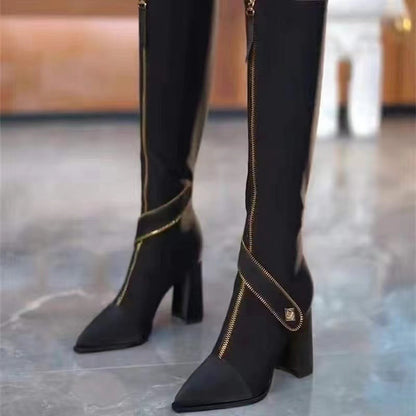 Pointed Toe Chunky Heel Knee High Boots