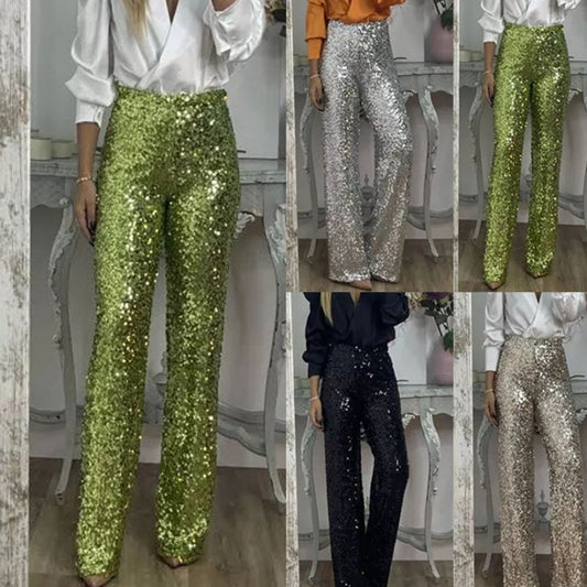 🎅Early Xmas Sales - 50% OFF🎄Women's High-Waist Sequin Slim Stretch Pants with Flared Legs